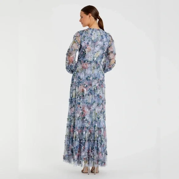 NWT 8098 Mac Duggal Long Sleeve High Neck Floral Ruffle Gown - Picture 5 of 10